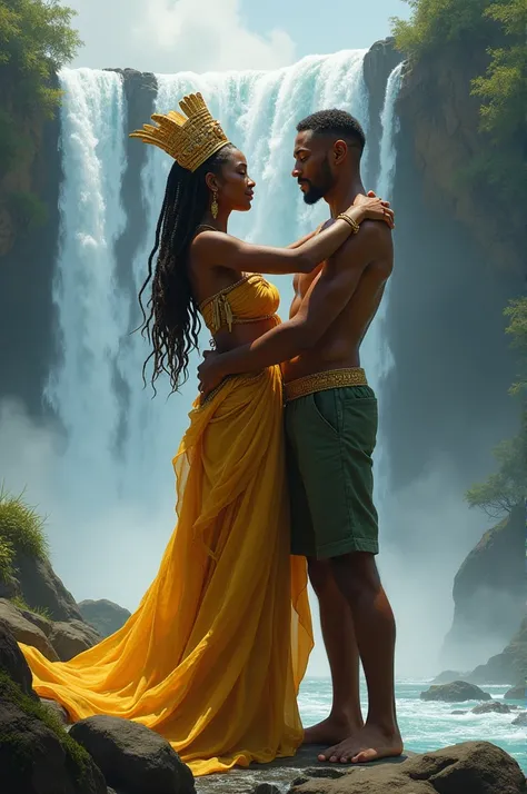 Oxum hugging a white man on the edge of a waterfall 