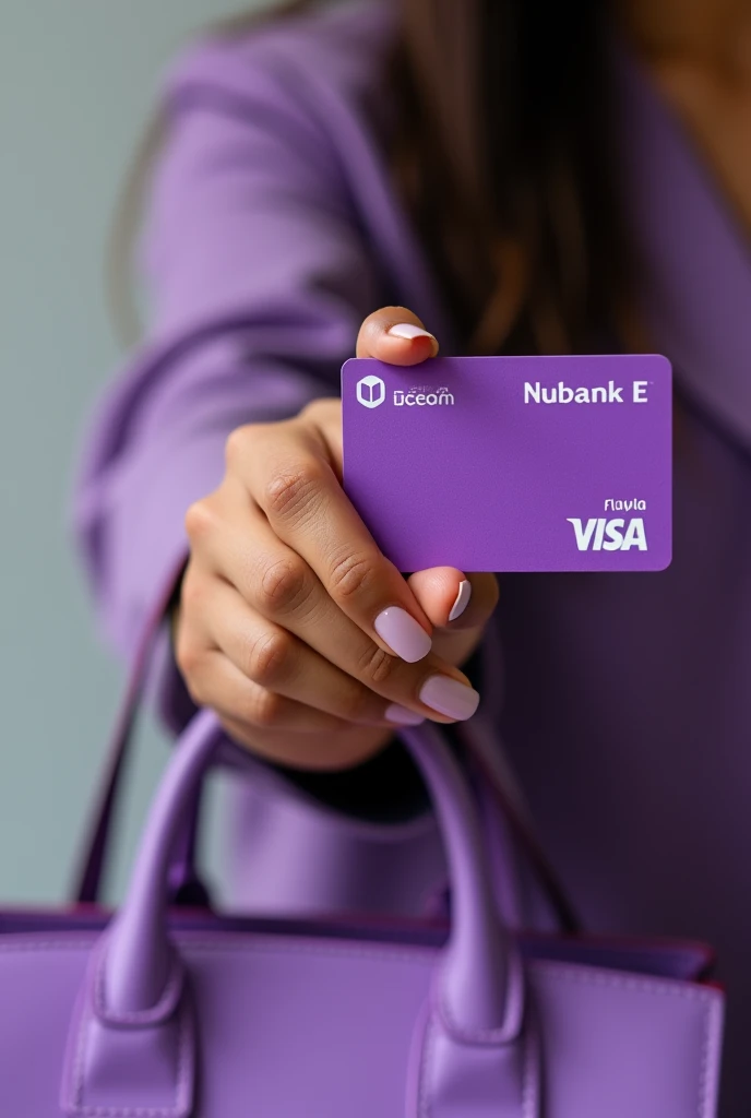 A hand of a brunette Brazilian woman with black hair holding a purple bag, holding a purple nubank card where the name should be flavia E.