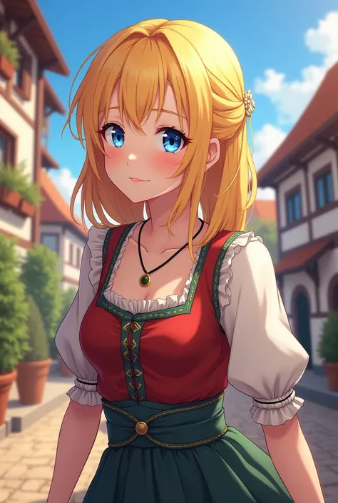 German anime woman, blonde, blue eyes, cute girl, anime style, german background, clothes with germans colors, traditional clothes, 25y old