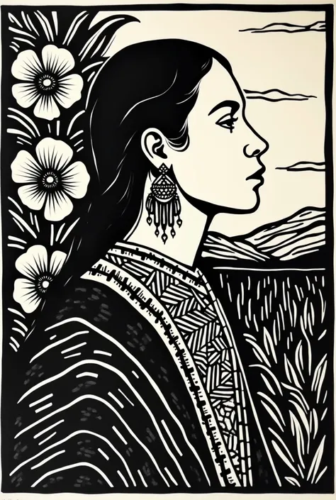 Make me a woodcut image of a Puno woman in profile, with cantuta flowers and in the background a chacana that is used to till the land. I want a black and white woodcut image that already has lines..