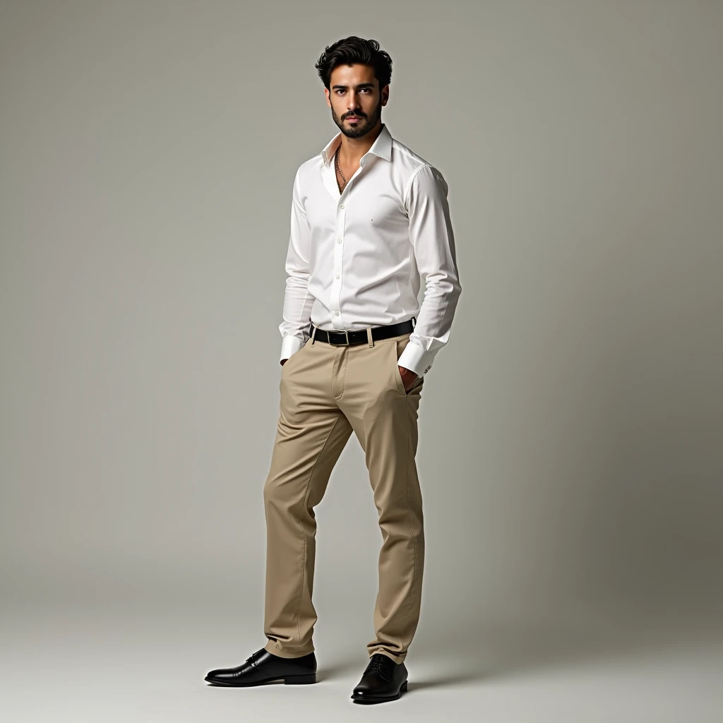 Full body image of a 2 man with Arab features, brown hair and brown eyes, serious, Deep but gentle look, lightly shaved beard, slender, dressed in a white shirt and beige pants, black shoes. It must be an image that captures attention in all its masculinit...