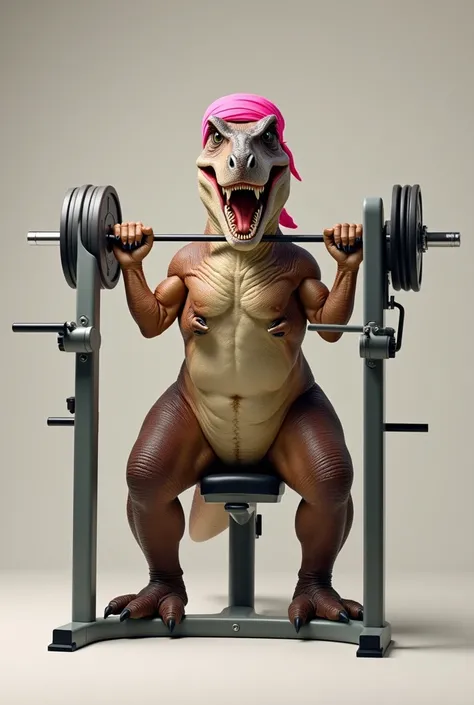 Female funny Tyrannosaurus rex working out bench press, blank Background 