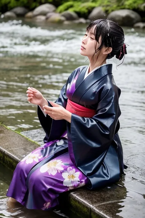 1 person、real、wet、hakama、japanese、kimono、women、、long-sleeved kimono、long hakama、soaking wet、hakama、whole body、tabi、hakama with w...