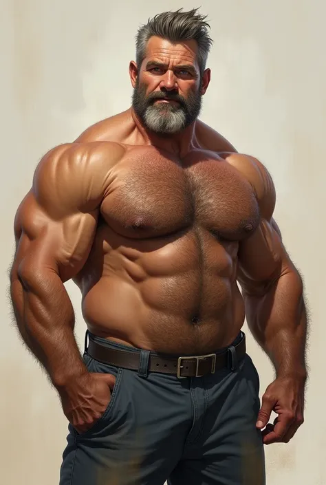 White man, muscular, hairy, breast hair, naked, blue eyes, around 50 years old, mustache, germam