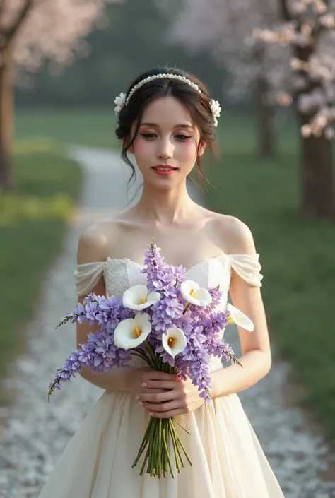 A girl in a white silk  wedding dress, her buquet of flowers are purple glicinia and coves, she wears a simple pearl tiara