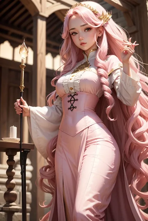 Woman, young, , long white curly hair, main, feudal fantasy period, arrogant light pink outfit