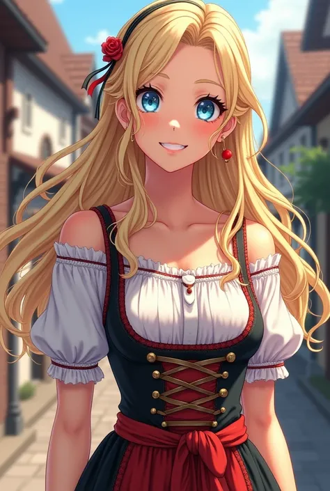 German anime woman, blonde, blue eyes, cute girl, anime style, german background, clothes with germans colors, traditional clothes, 25y old, full body, lovely sexy woman, pure and sweet, beautiful smile 
