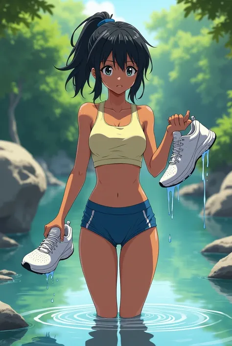 Anime girl, brown skin, athletic, black messy hair, pale yellow top, blue sport shorts, wading in stream, holding a pair dripping white sport shoes in her hand