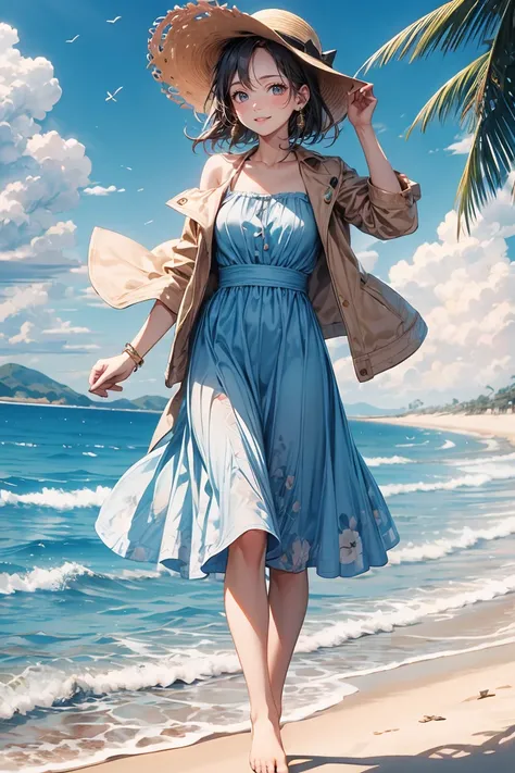 Best Quality, Super detailed, (Ultra-high resolution,8k), Ultra-high definition 4K, A vintage-inspired outfit for a 20-something girl, featuring a floral maxi dress, a denim jacket, and a straw hat. Shes walking barefoot on a sandy beach, smiling happily