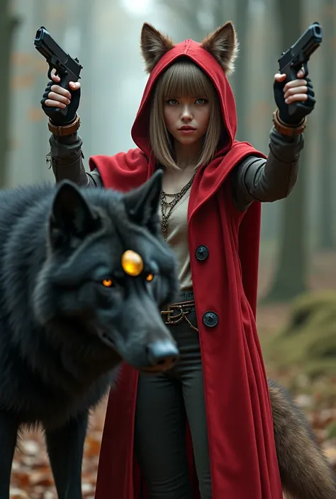 Woman In the image of Little Red Riding Hood The girl has wolf ears The girl has a tail at the back Her hair is light brown , bob and bangs to the side In the girl&#39;s hands are pistols raised up Nearby is a black wolf with a golden stone on his forehead