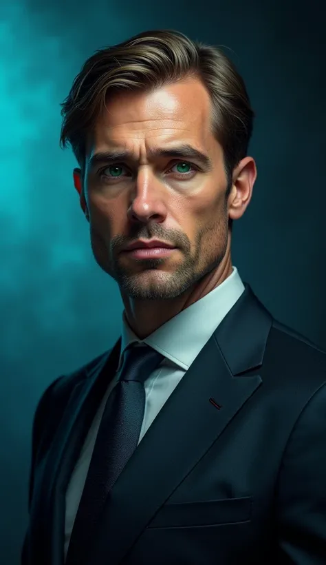 A realistic white man, with straight hair, with a suit, green eyes. Very flashy background, Com cores fortes(somewhat overshadowing the man&#39;s personality) Blue to black gradient