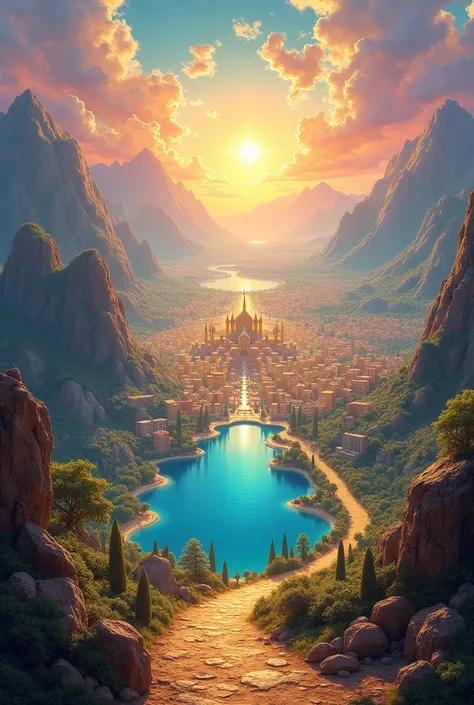 the new jerusalem, with happy colors, during the day, with mountain, golden streets and lake with vivid colors. I need the image with beautiful colors.