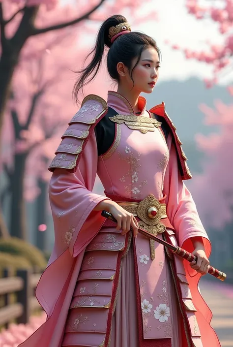 pink and white samurai armor, sakura style 