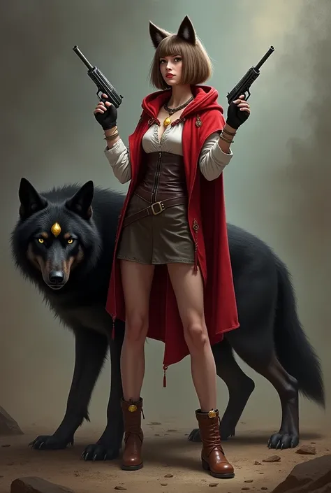 Woman In the image of Little Red Riding Hood The girl has wolf ears The girl has a tail at the back Her hair is light brown , bob and bangs to the side In the girl&#39;s hands are pistols raised up Nearby is a black wolf with a golden stone on his forehead