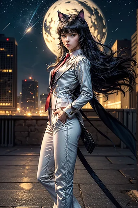 (masterpiece, best quality:1.2), solo, 1girl, cowboy shot, blake belladonna, expressionless, closed mouth, looking at viewer,  cat ears, formal, white suit, red necktie, white pants, pointy footwear, standing in cityscape, night, stars, crowd