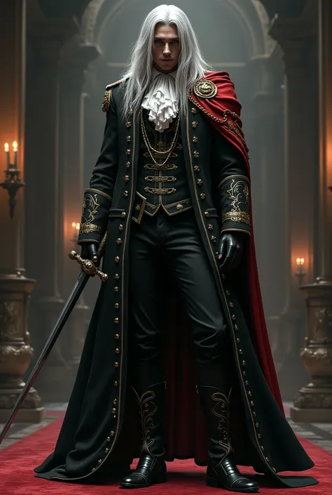 Make Alucard from Castlevania with long silver hair, pale and serious face, 18th century black colonial coat with gold stitching and long collar, white 18th century colonial shirt white, 18th century black colonial trousers and 18th century black colonial ...