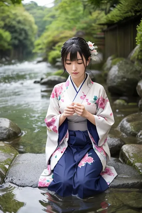 1 person、Real、Wet、Hakama、Japanese、kimono、Women、、Long-sleeved kimono、long hakama、soaking wet、rain、river、Clothes that stick to the skin、floral kimono、cloth that absorbs water、sit