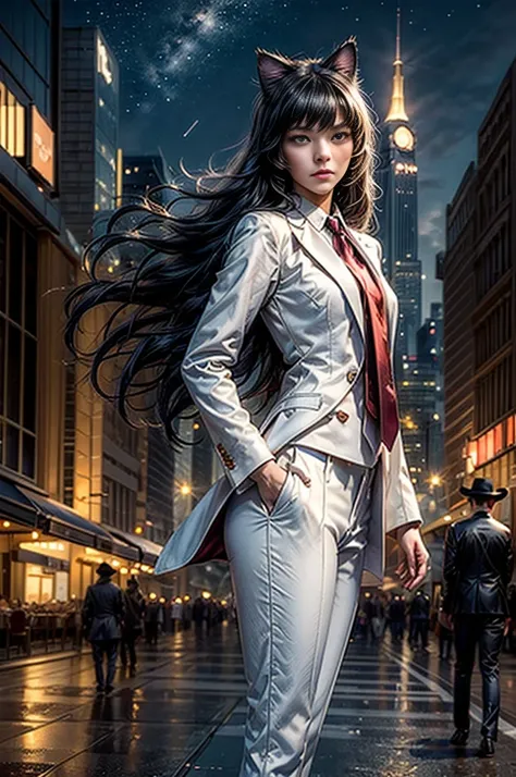 (masterpiece, best quality:1.2), solo, 1girl, cowboy shot, blake belladonna, expressionless, closed mouth, looking at viewer,  cat ears, formal, white suit, red necktie, white pants, pointy footwear, standing in cityscape, night, stars, crowd