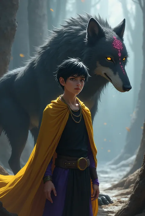 Yunui, boy  , MASCULINE, short straight black hair, eyes with yellowish tones, thin, badass clothing: black tunic with purple details, and a golden cloak on his shoulders. wearing a gold necklace. Na sua frente há a um lobo mutante deformado com runas na c...