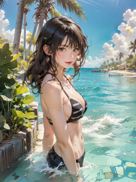 ((highest quality, masterpiece, High resolution)), ((reality)),Photos of beautiful powerful women,((anime art))、 (((1 girl))), normal size breasts, slim body shape, long ponytail,double eyelid, micro bikini,Clean abs,muscular body, A pareo with bold ethnic...