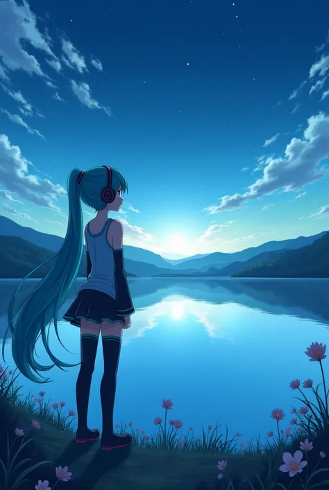 Hatsune miku listening to music on her headphones, looking at landscape with a lake and the stars anime style