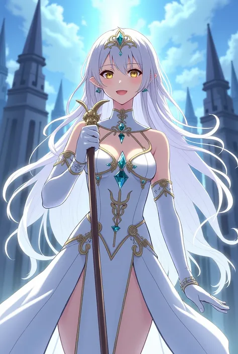 1girl, highres, masterpiece, solo, anime, absurdres, detailed face, perfect eyes, azura (fire emblem), upper body, full body, white dress, jewelry, white gloves, cityscape, holding, staff, singing