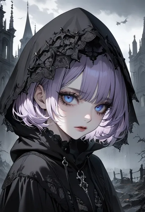 ((Best quality)), ((Masterpiece)), (details), Young woman, alone, ( Light purple hair, Blue eyes, ((Short hair)) , Beautiful face, Beautiful skin, Long eyelashes, Thick eyelashes), Black hoodie, Creepy gothic landscape, Gothic aesthetics,black metal rococo...