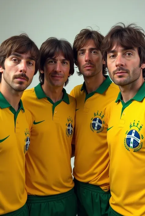 Put the Beatles as they are today wearing the Brazilian soccer team shirt , aligned , with coordination 