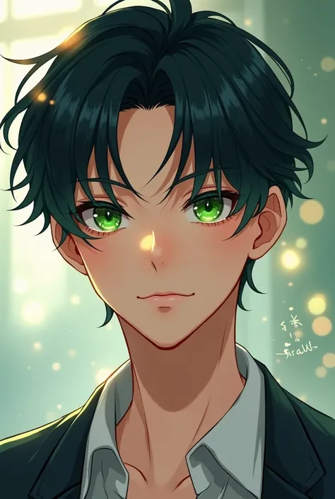 Young man with short black hair and green eyes,Anime style
