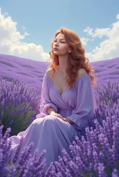 An image of a woman with long curly hair wearing a light purple dress sitting in a field of lavender flowers