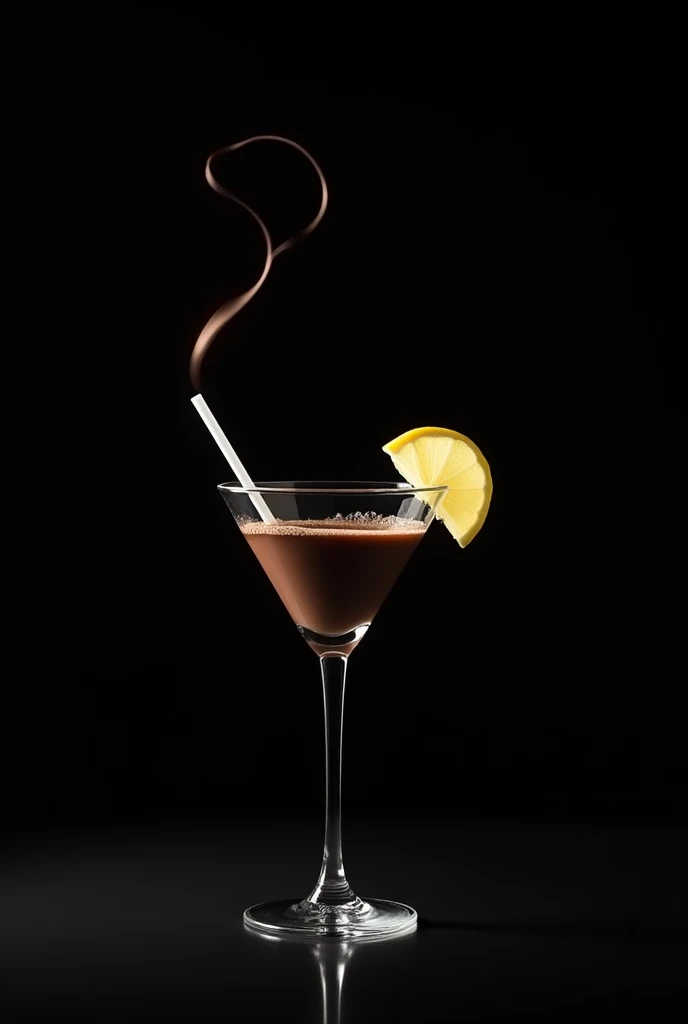 Generates an image of a glass martini glass inside which the cocoa cocktail is prepared and its straw makes a figure referring to the letter c and on the side of the edges of the martini glass there is a triangular lemon slice on the glass on the edges the...