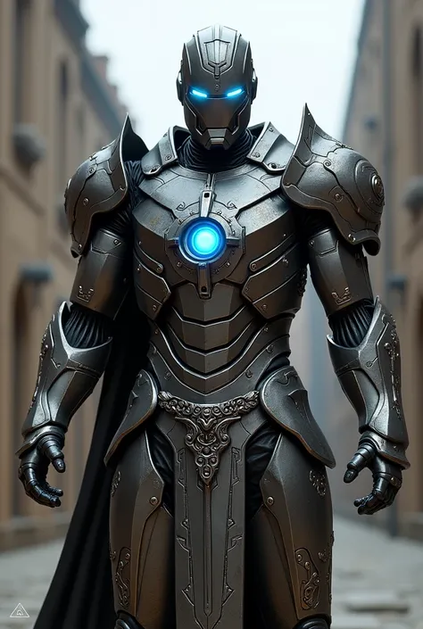 An iron man armor adapted to that of a medieval warrior reinforced with steel metal, that its core and eyes are a glowing blue color in a battle pose