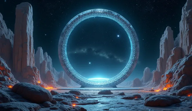 A cinematic shot of an otherworldly alien landscape where ancient ruins crafted from intricate 3D geometrical shapes stand as silent sentinels of a long-forgotten civilization. In the center of the scene there is a circular glass that you can see cosmos in...