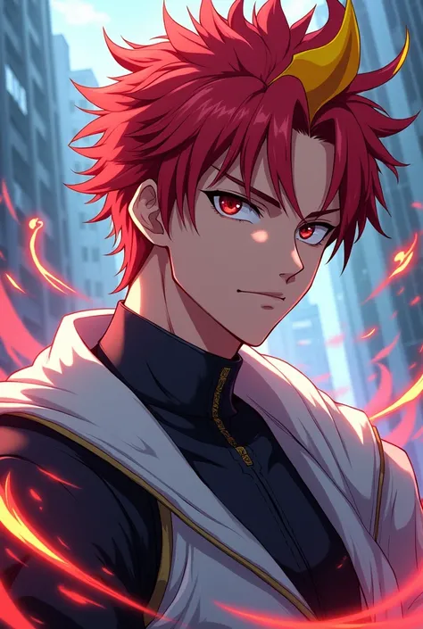 Create a male anime character with red hair and yellow highlights

