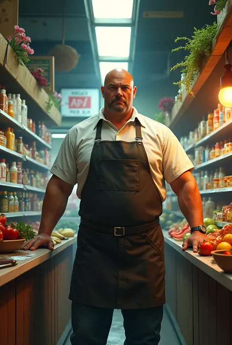 Tall bald grocery store owner who stands at the checkout of the mini market 