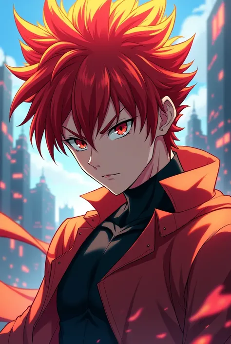 Create a male anime character with red hair and yellow highlights

