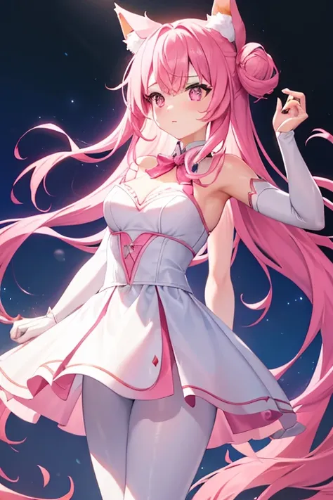 A woman with pink eyes, long pink hair with fox ears. Wears an elegant white and pink dress. wears a white leggings. she comes from wonderland