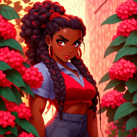 4K, June Scenario, Beautiful black woman, long braided hair, medium breasts, red colored eyes, grey shirt, hot pants, red necklace, gazing at viewer, natta, colorful hydrangea