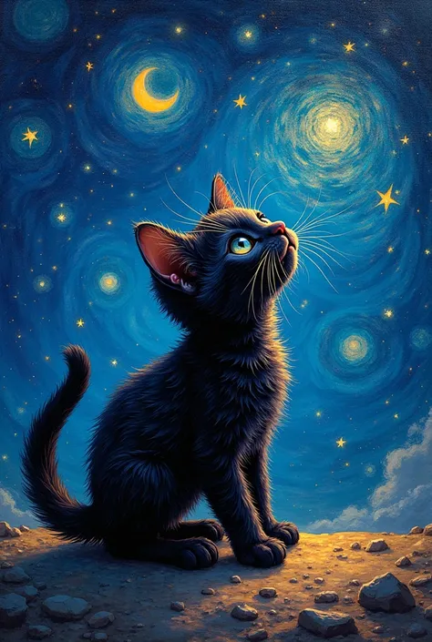 Black kitten, with starry night background by vincent van gogh, with bright colors, oil painting 