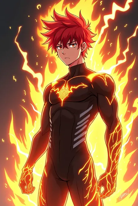 Create a male anime character with red hair and yellow highlights. He has fire and electric powers 

