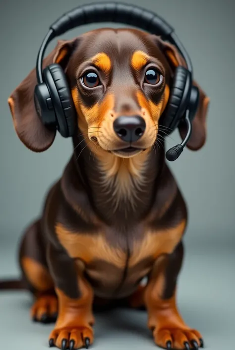 Chocolate and tan dachshund wearing call center headset