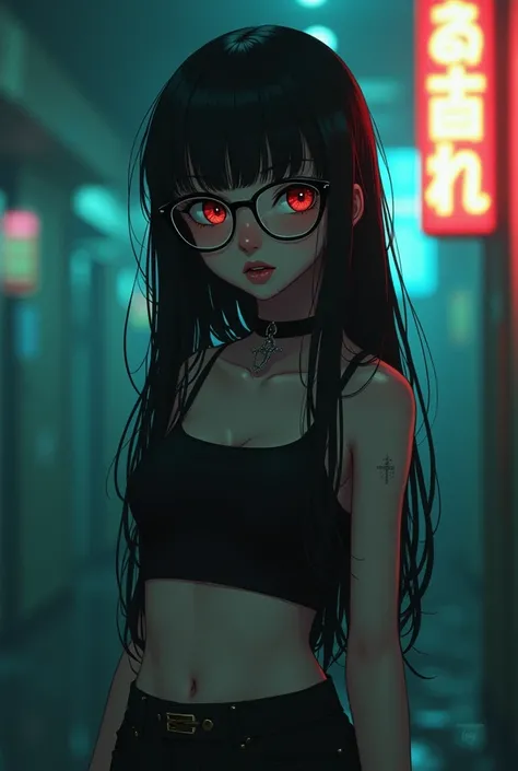 Retro phonk anime girl, She is very thin, he would be, has dark circles under his eyes, black hair without bangs and long. Wear glasses and a croptop.