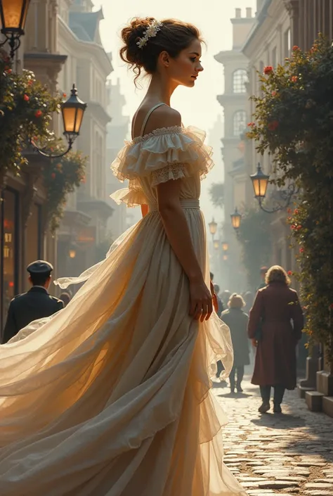 Produce high quality, Ultra-detailed image reminiscent of a Victorian-era masterpiece. In this scene, It depicts a beautifully dressed woman from the 1900s., Surrounded by the atmosphere of a Victorian city. Emphasize the use of volumetric lighting that br...