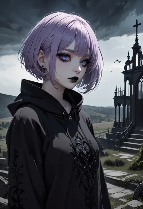 ((Best quality)), ((Masterpiece)), (details), Young woman, alone, ( Light purple hair, Blue eyes, ((Short hair)) , Beautiful face, Beautiful skin, Long eyelashes, Thick eyelashes), Black hoodie, Creepy gothic landscape, Gothic aesthetics,black metal rococo...