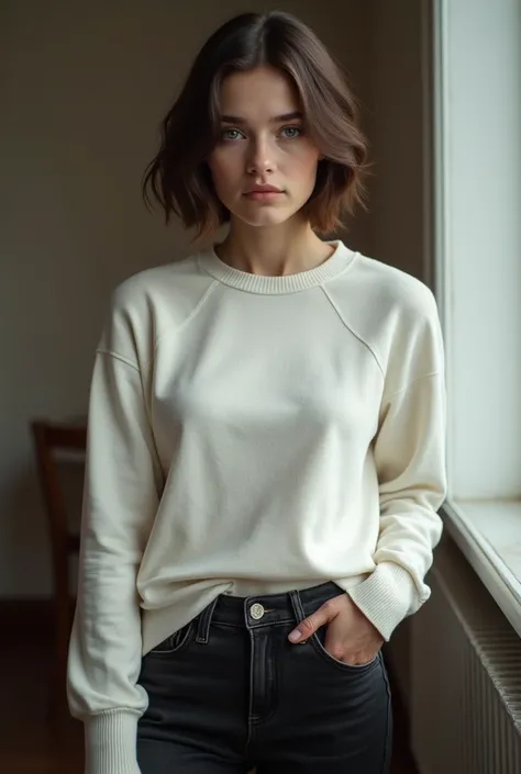 Russian girl, 18 years, grey eyes, brown vob cut hair, wearing white sweater and black jeans, realistic photo, ultra realistic, slim, relaxing, low, full body view, full body, full body view