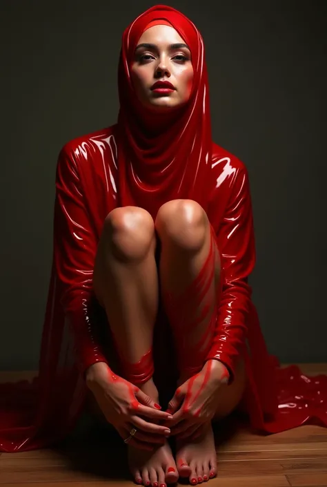 half naked wearing wet red latex hijabi girl naked foots and  she puts her feets in air sitting on a wood