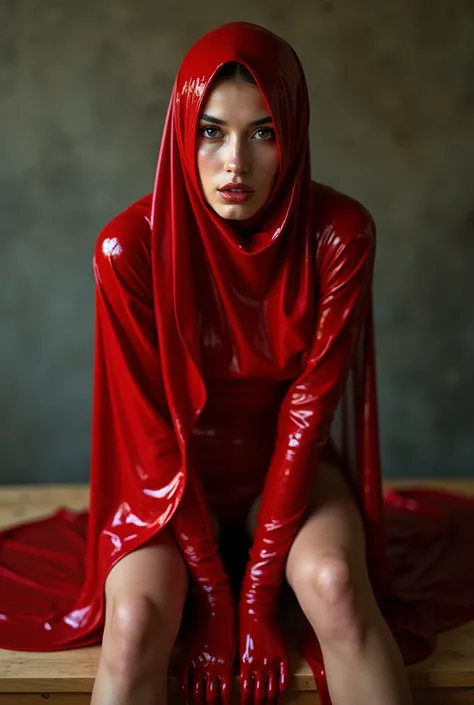 half naked wearing wet red latex hijabi girl  sitting on a wood