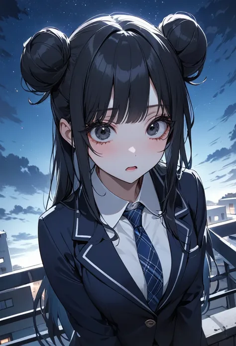 ((Best quality)), ((Masterpiece)), (details), Young woman, (Medium chest, Black hair, Black eyes, ((Long hair, buns)) ,(Bangs),Beautiful face,Long eyelashes,Thick eyelashes)  ,School uniform、Dark blue blazer jacket、Blue tie、Dark blue plaid mini skirt,White...