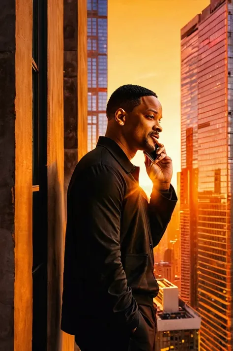 Will Smith in black clothes in a building, talking on the cell phone and looking to the side in an area with skyscrapers. the sun starts to set, creating an orange hue in the sky. bottom up camera angle artwork, best quality, (very detailed CG Unity 8k wal...