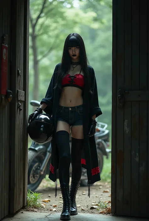 Woman standing in a door frame, with a relaxed pose. In the background you can see a forest and a motorcycle. She wears a kimono-style top with blood red details., black opaque tights and black denim shorts. He wears knee-high black combat boots., leather ...